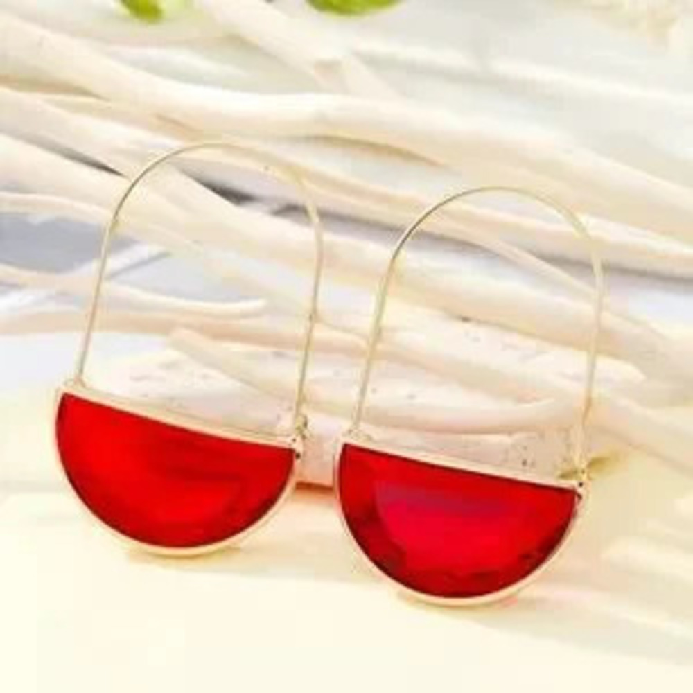 Ruby Red Glass Crescent Hoop Gold Earrings - Picture 5 of 6